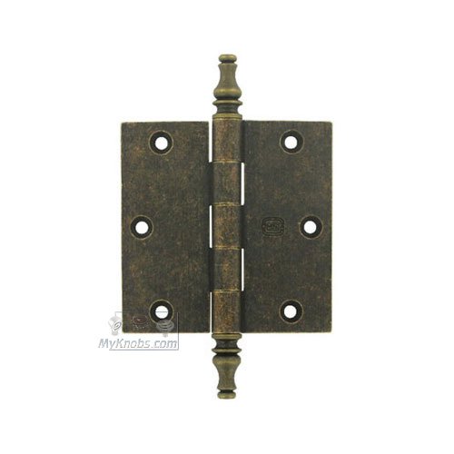 Omnia Hardware 3 1/2" x 3 1/2" Plain Bearing, Solid Brass Hinge with Steeple Finials in Vintage Brass