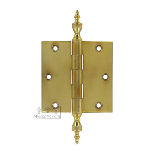Omnia Hardware 3 1/2" x 3 1/2" Plain Bearing, Solid Brass Hinge with Urn Finials in Polished Brass Unlacquered