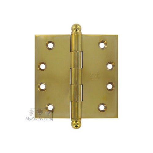Omnia Hardware 4" x 4" Plain Bearing, Solid Brass Hinge with Ball Finials in Polished Brass Unlacquered