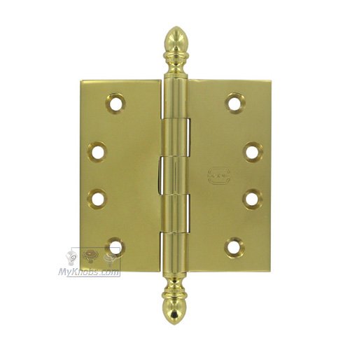 Omnia Hardware 4" x 4" Plain Bearing, Solid Brass Hinge with Crown Finials in Max Brass&reg;