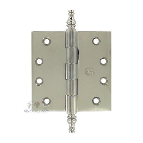 Omnia Hardware 4" x 4" Plain Bearing, Solid Brass Hinge with Steeple Finials in Polished Polished Nickel Lacquered