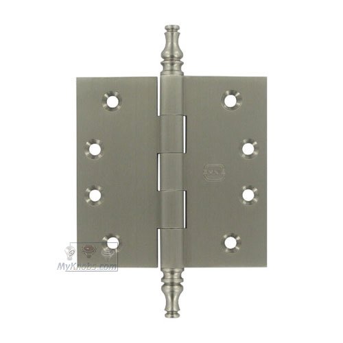 Omnia Hardware 4" x 4" Plain Bearing, Solid Brass Hinge with Steeple Finials in Satin Nickel Lacquered