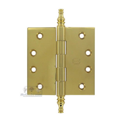 Omnia Hardware 4" x 4" Plain Bearing, Solid Brass Hinge with Steeple Finials in Polished Brass Lacquered