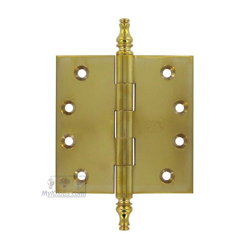 Omnia Hardware 4" x 4" Plain Bearing, Solid Brass Hinge with Steeple Finials in Polished Brass Unlacquered