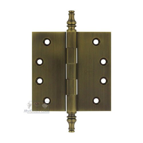 Omnia Hardware 4" x 4" Plain Bearing, Solid Brass Hinge with Steeple Finials in Antique Bronze Unlacquered