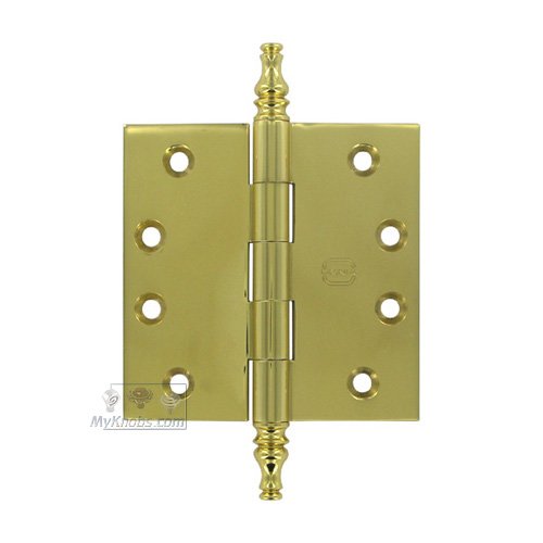 Omnia Hardware 4" x 4" Plain Bearing, Solid Brass Hinge with Steeple Finials in Max Brass&reg;