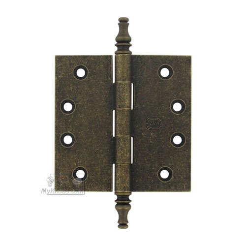 Omnia Hardware 4" x 4" Plain Bearing, Solid Brass Hinge with Steeple Finials in Vintage Brass