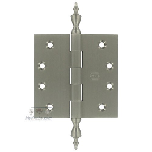 Omnia Hardware 4" x 4" Plain Bearing, Solid Brass Hinge with Urn Finials in Satin Nickel Lacquered