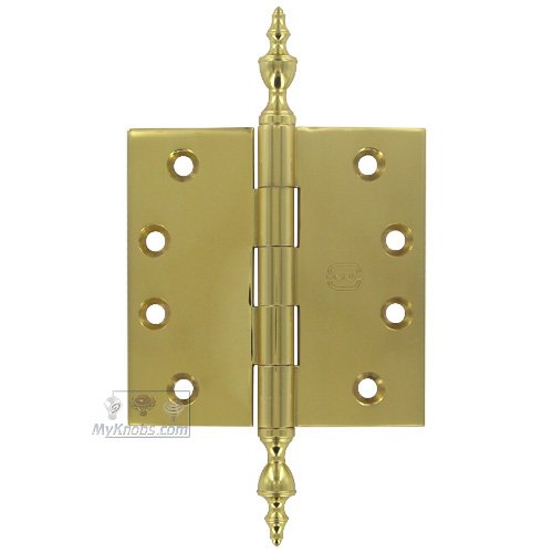 Omnia Hardware 4" x 4" Plain Bearing, Solid Brass Hinge with Urn Finials in Polished Brass Lacquered