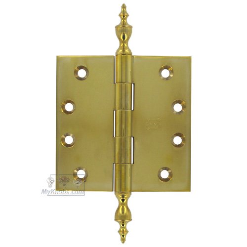 Omnia Hardware 4" x 4" Plain Bearing, Solid Brass Hinge with Urn Finials in Polished Brass Unlacquered