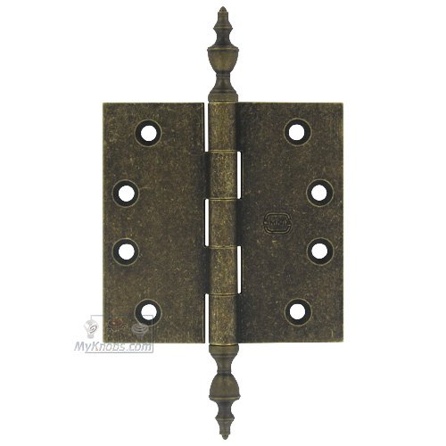 Omnia Hardware 4" x 4" Plain Bearing, Solid Brass Hinge with Urn Finials in Vintage Brass