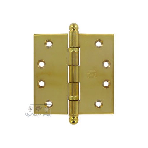 Omnia Hardware 4" x 4" Ball Bearing, Solid Brass Hinge with Ball Finials in Polished Brass Unlacquered