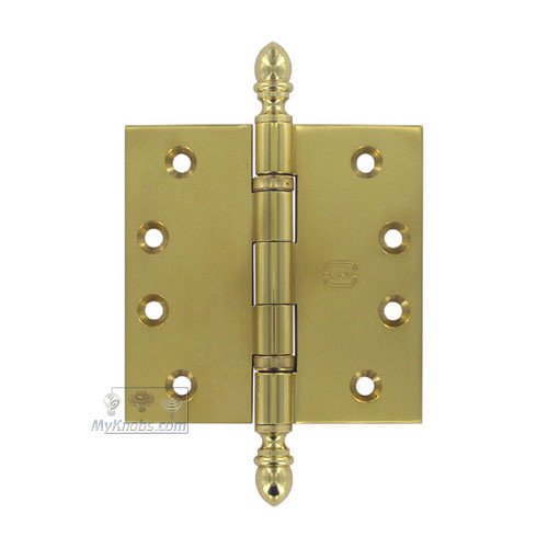 Omnia Hardware 4" x 4" Ball Bearing, Solid Brass Hinge with Crown Finials in Polished Brass Lacquered