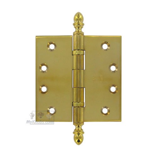 Omnia Hardware 4" x 4" Ball Bearing, Solid Brass Hinge with Crown Finials in Polished Brass Unlacquered