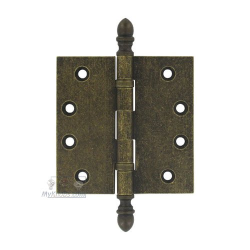 Omnia Hardware 4" x 4" Ball Bearing, Solid Brass Hinge with Crown Finials in Vintage Brass