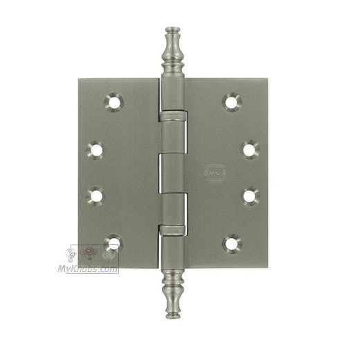 Omnia Hardware 4" x 4" Ball Bearing, Solid Brass Hinge with Steeple Finials in Satin Nickel Lacquered