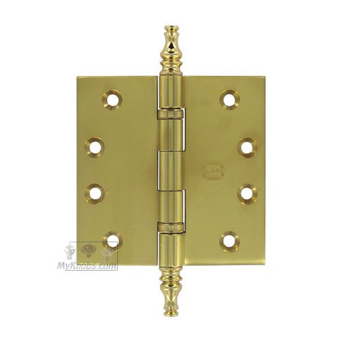 Omnia Hardware 4" x 4" Ball Bearing, Solid Brass Hinge with Steeple Finials in Polished Brass Lacquered