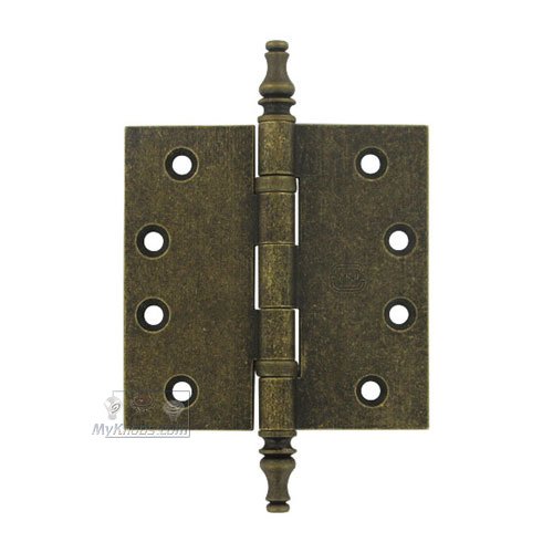 Omnia Hardware 4" x 4" Ball Bearing, Solid Brass Hinge with Steeple Finials in Vintage Brass