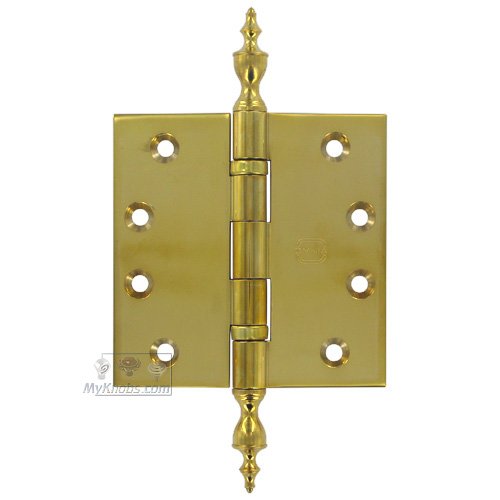 Omnia Hardware 4" x 4" Ball Bearing, Solid Brass Hinge with Urn Finials in Polished Brass Unlacquered