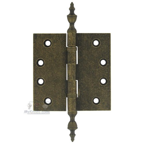 Omnia Hardware 4" x 4" Ball Bearing, Solid Brass Hinge with Urn Finials in Vintage Brass