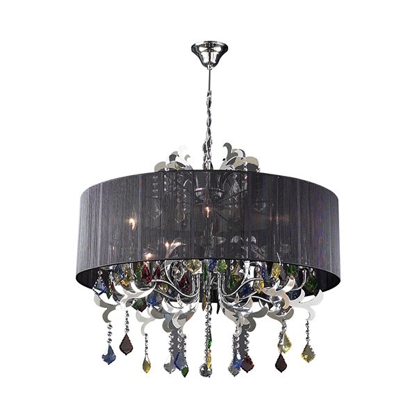 PLC Lighting Chandelier in Polished Chrome with Black Linen Shade and Asfour Handcut Crystal