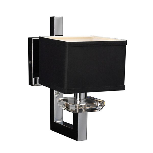 PLC Lighting Single Wall Sconce in Polished Chrome with Black Fabric Shade and Clear K9 Crystal