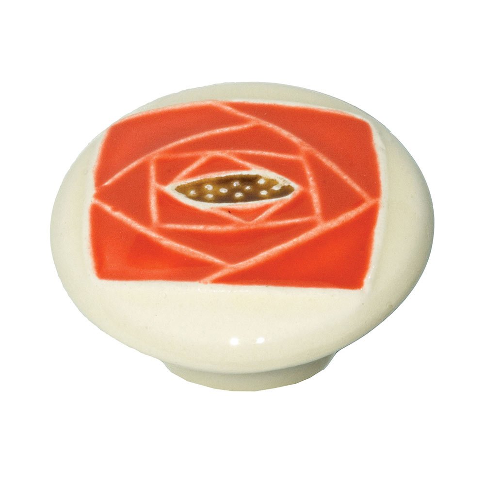Acorn MFG 2" Large Round Off White With Sq Orange Rose Knob in Porcelain