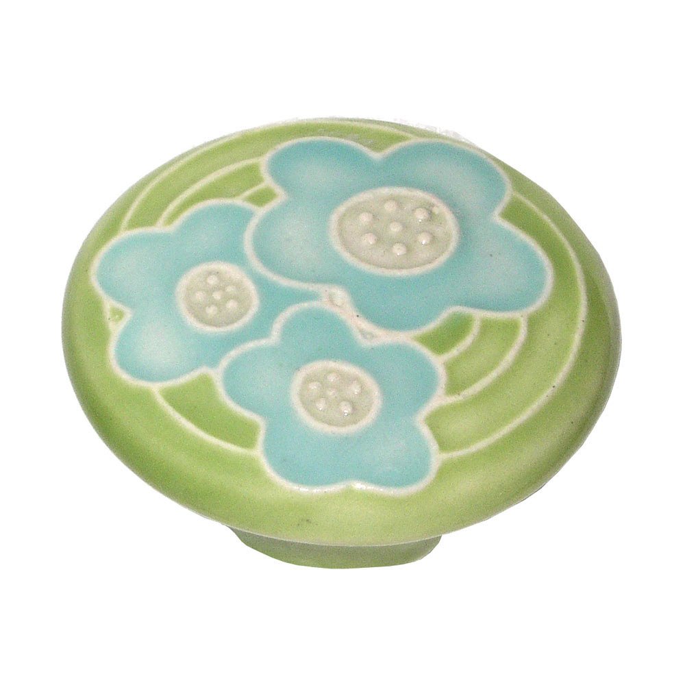 Acorn MFG 2" Large Round Light Green With 3 Blue Flowers Knob in Porcelain