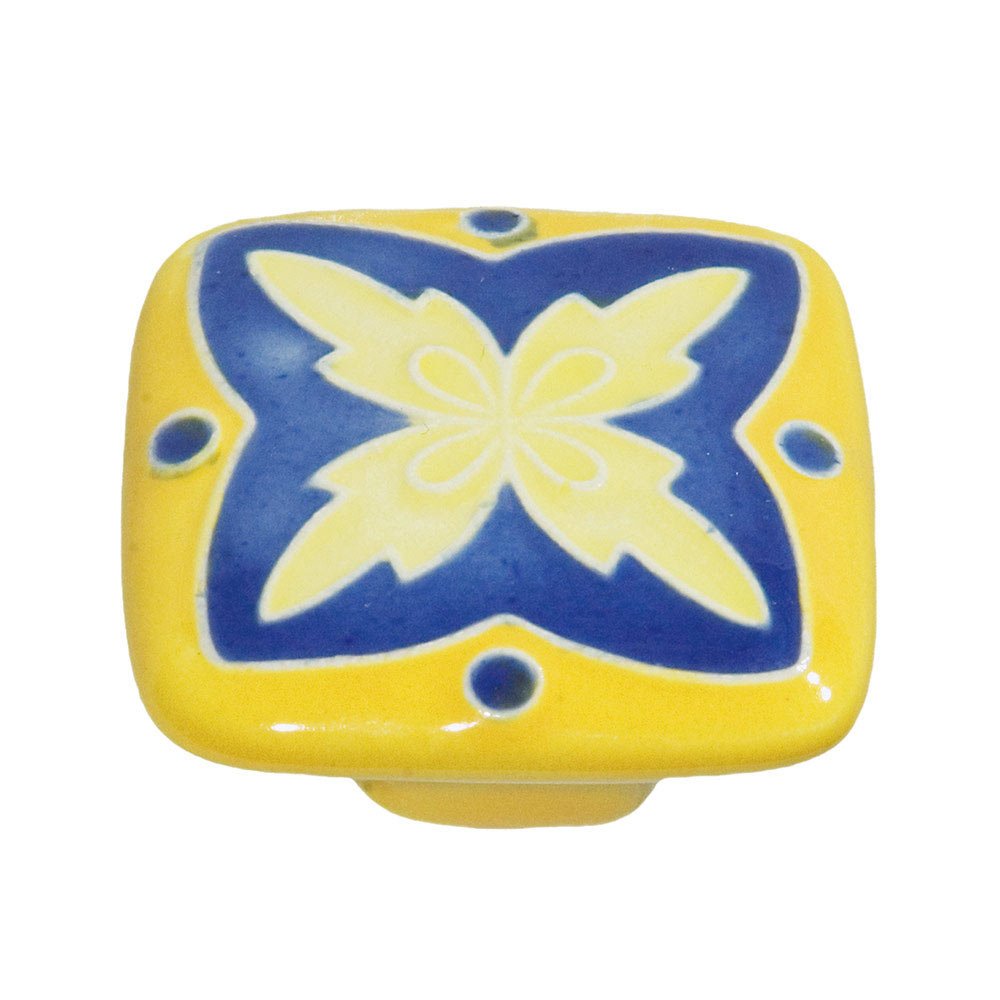 Acorn MFG 2" Large Square Yellow & Blue "X" Design Knob in Porcelain