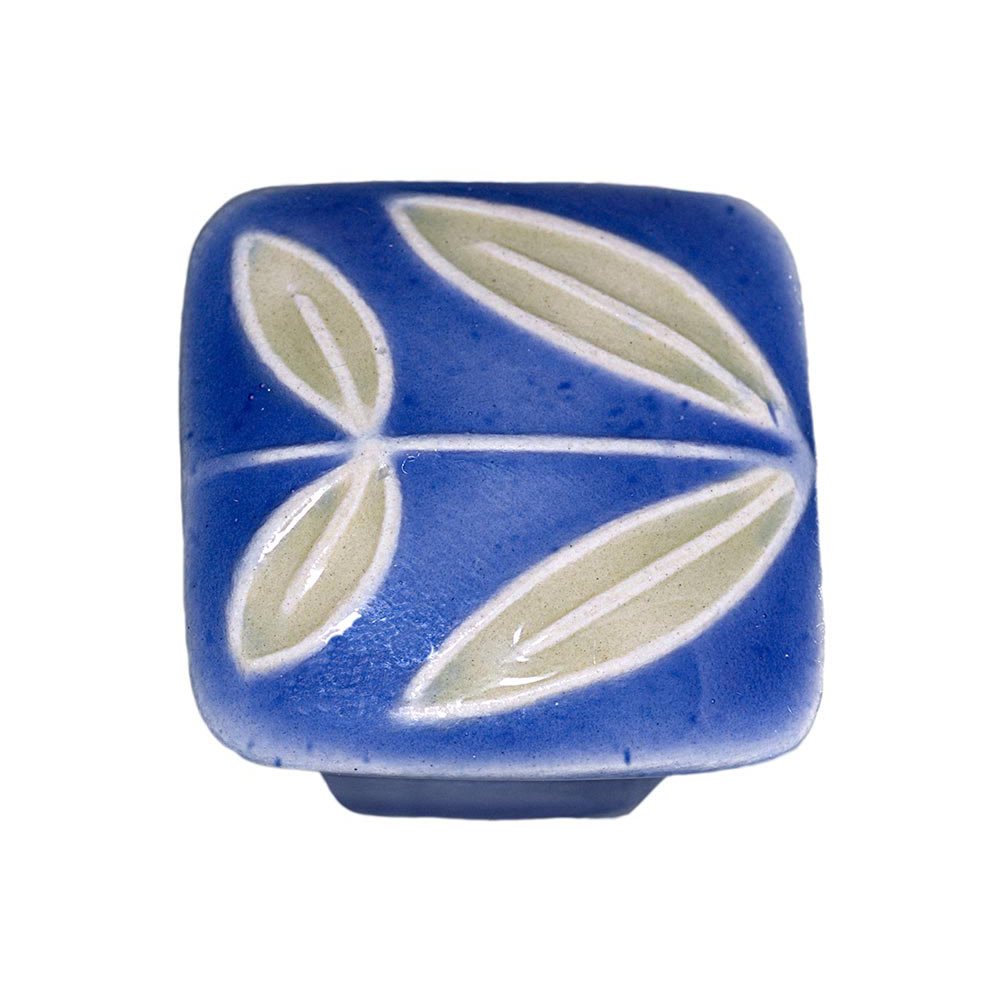 Acorn MFG 1 1/4" Small Square Dark Blue With Leaves No Berries Knob in Porcelain