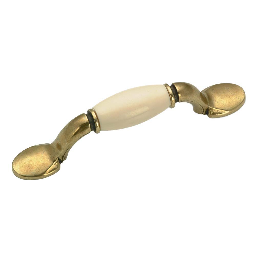 Richelieu Ceramic 3" Centers Ceramic Inlayed Bow Pull in Burnished Brass and Almond