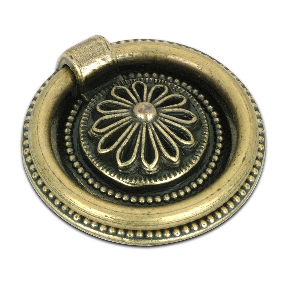 Richelieu 1 1/2" Diameter Ring Pull with Floral Embossed Backplate in Antique English