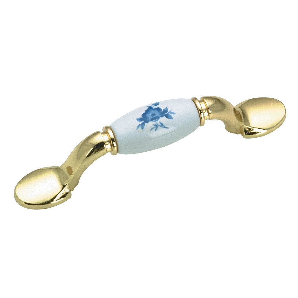 Richelieu 3" Centers Bow Pull with Floral Painted Ceramic Insert in Brass and Blue Flower