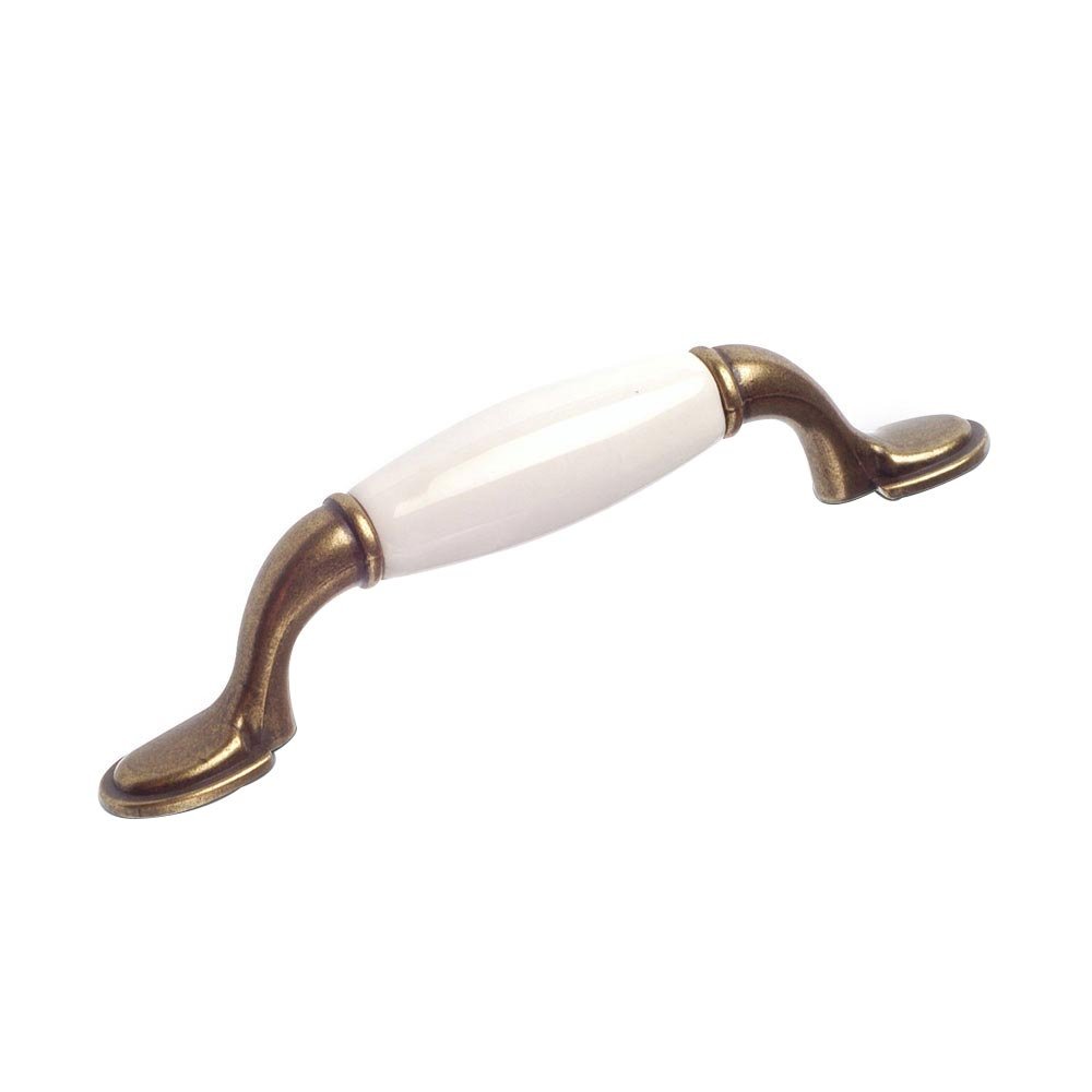 Richelieu 3 3/4" Centers Bow Pull with Ceramic Insert in Burnished Brass and White