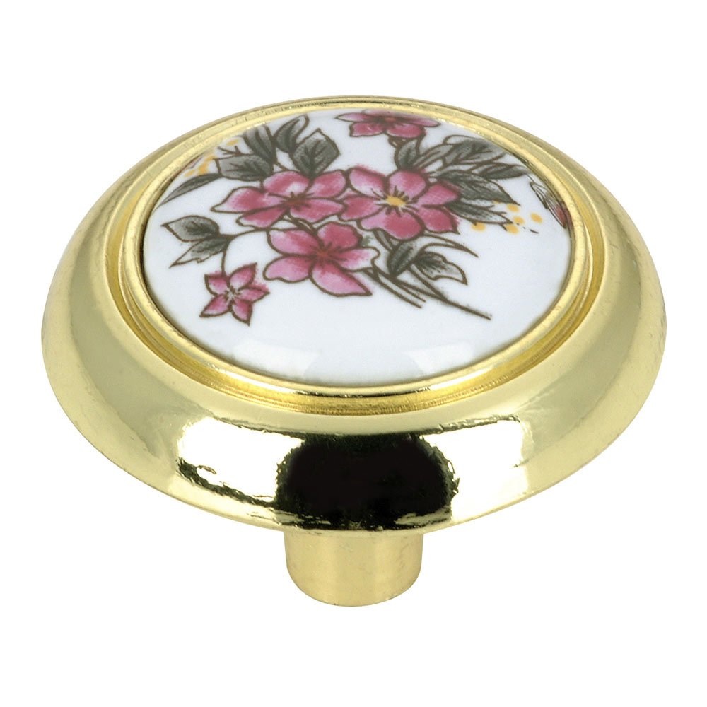 Richelieu 1 1/4" Diameter Knob with Floral Painted Ceramic Insert in Brass and Wild Flower