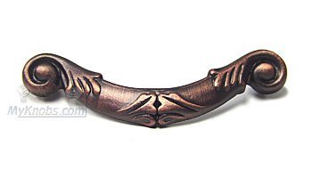 RK International 3" Center Ornate Curved Drop Pull in Distressed Copper