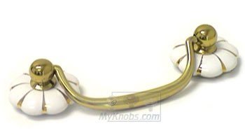 RK International 3" Center Polished Brass Bail Pull with Lined Flowery White Porcelain Ends