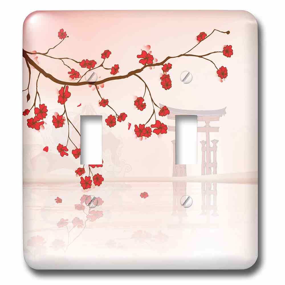 Jazzy Wallplates Double Toggle Switchplate With Japanese Sakura Red Cherry Blossoms Branching Reflecting Over Water