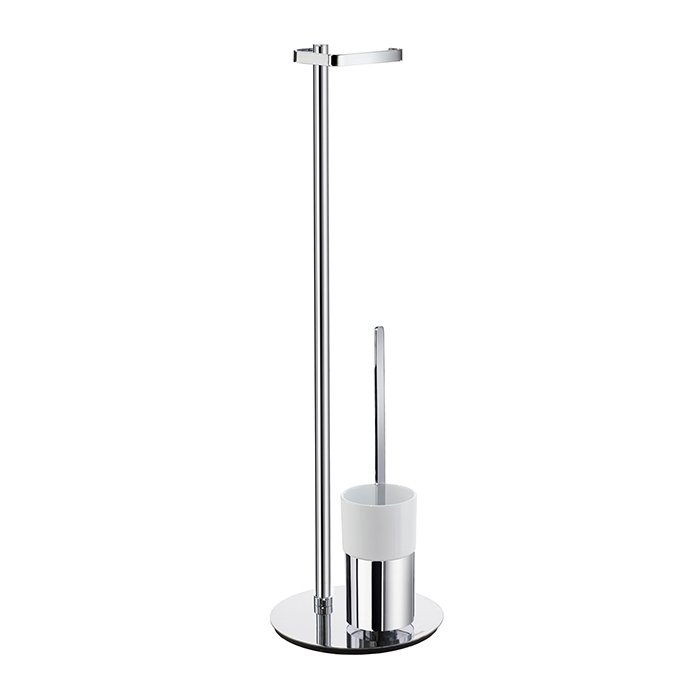 Smedbo Outline Toilet Roll Holder (Freestanding)/Toilet Brush With Porcelain Glass Container in Polished Chrome With White Porcelain