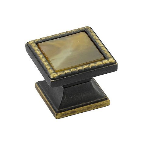 Schaub and Company 1 1/4" Square Knob in Ancient Bronze with Chaparral Glass Inlay