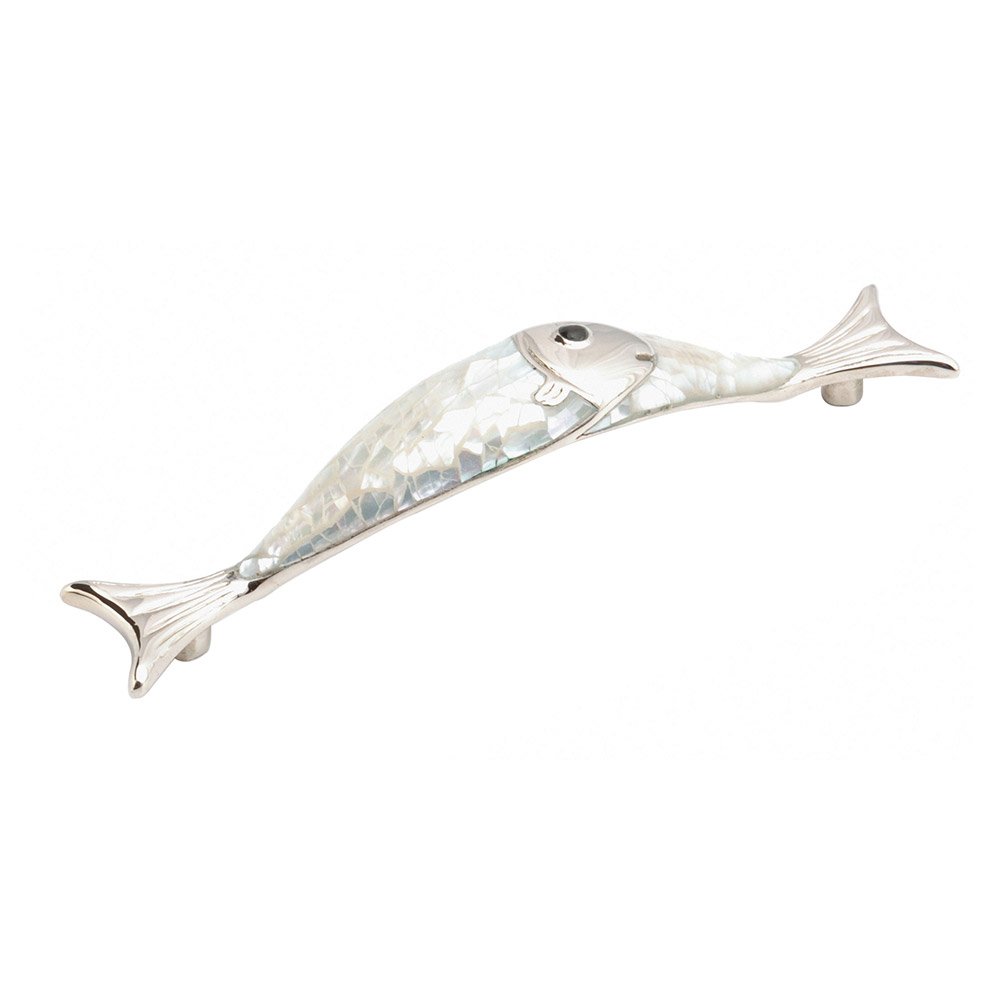 Schaub and Company Fish Design Pull with Mother of Pearl Inlaid on Solid Brass in Polished Nickel with Mother of Pearl