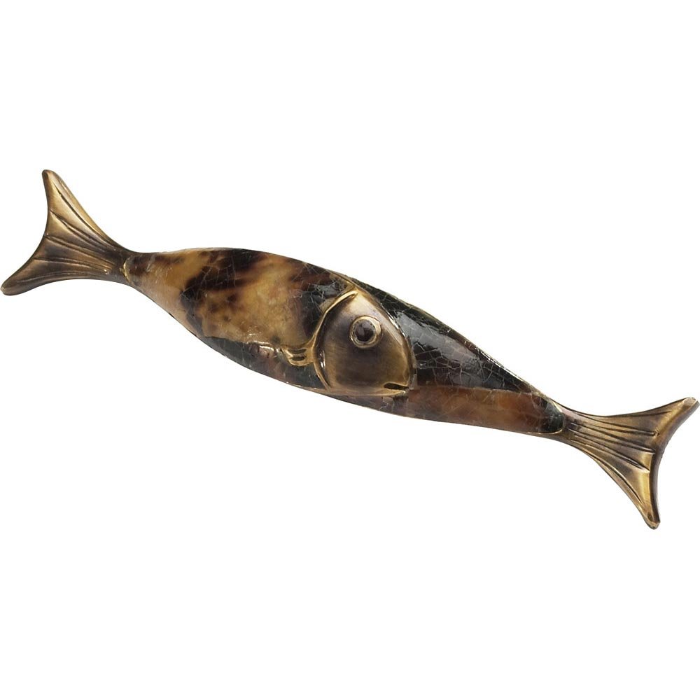 Schaub and Company Fish Design Pull with Penshell Inlaid on Solid Brass in Estate Dover with Tiger Penshell