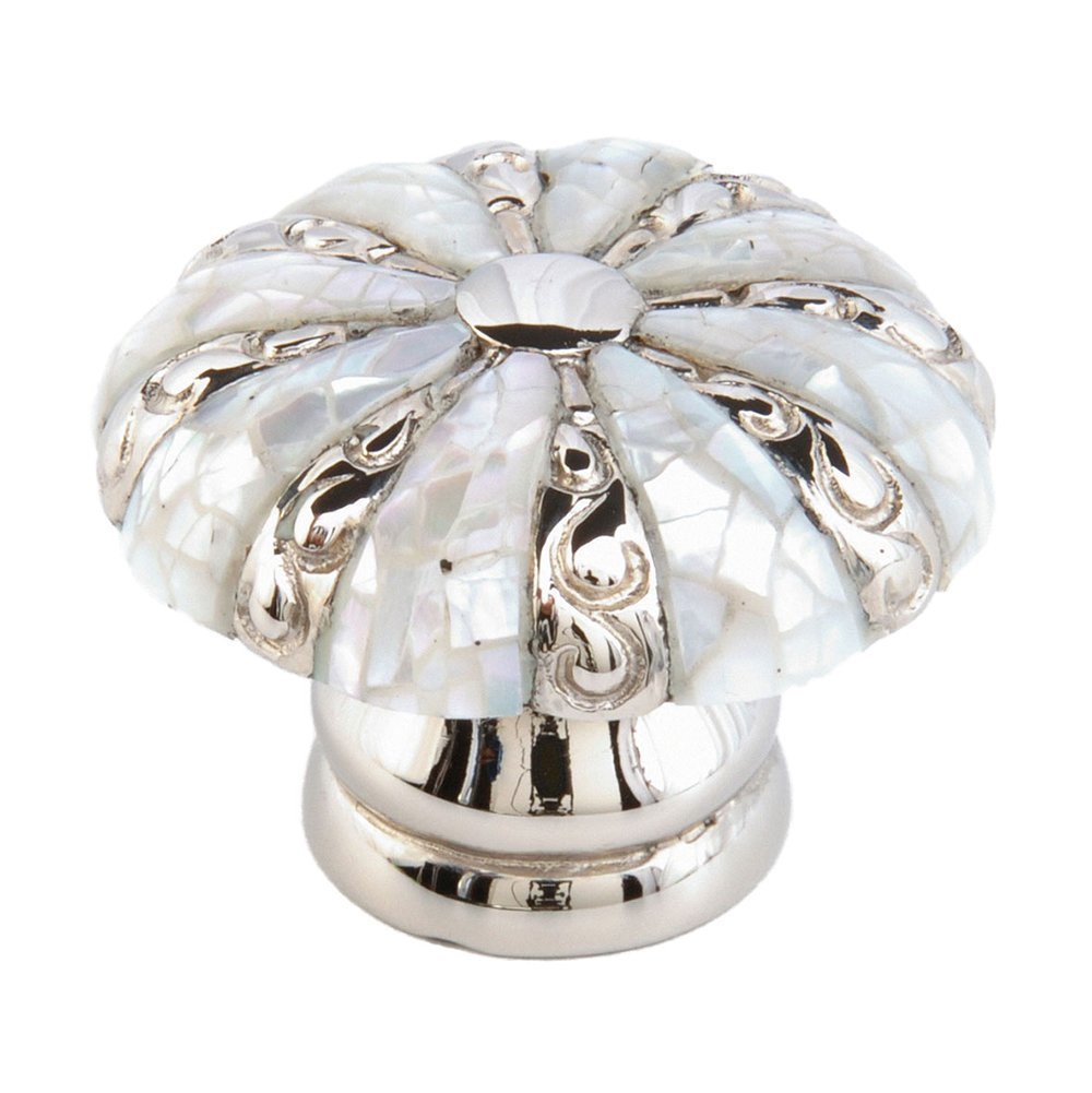 Schaub and Company Round Knob with Mother of Pearl Inlaid on Solid Brass in Polished Nickel with Mother of Pearl