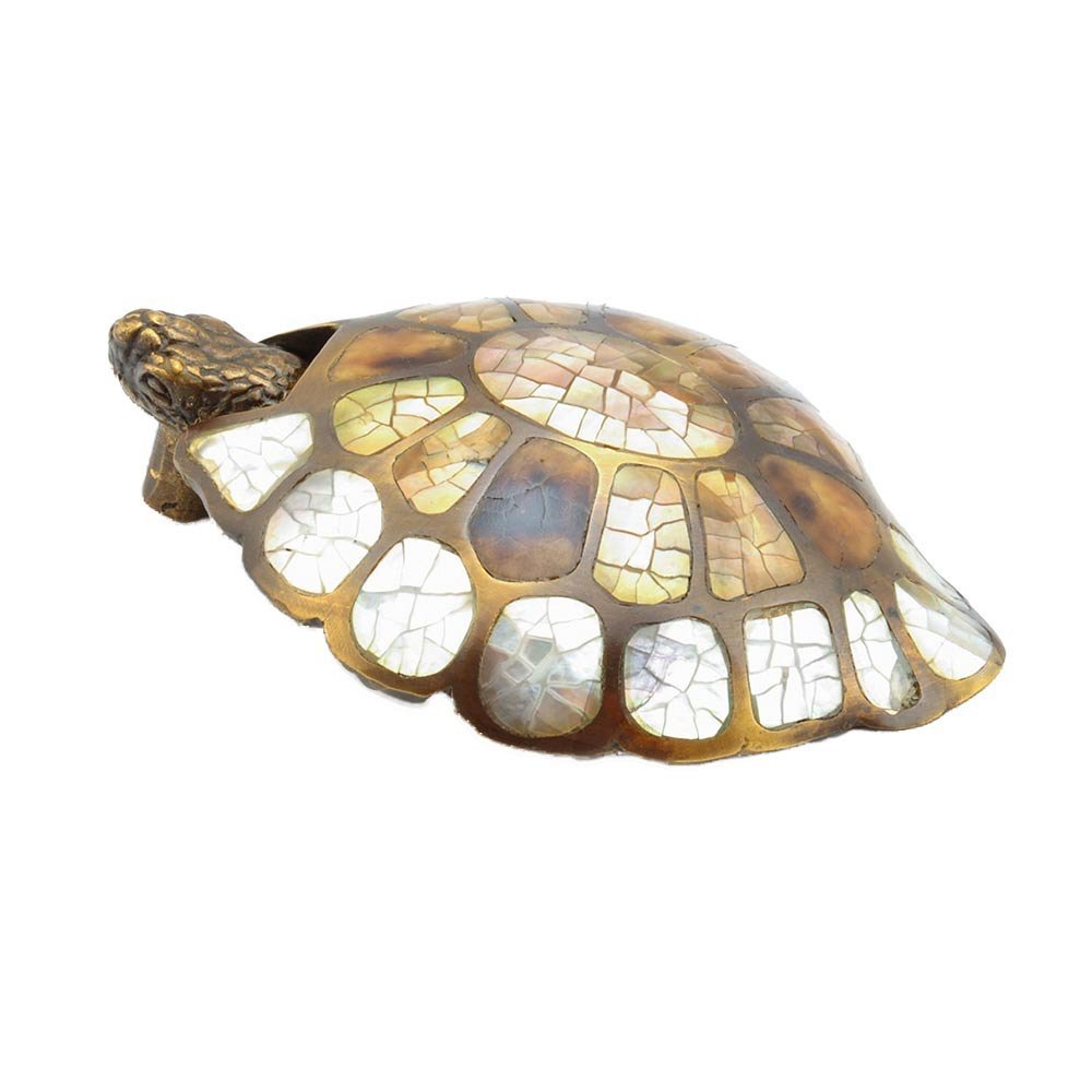 Schaub and Company Solid Brass Turtle Pendant Pull with white Mother of Pearl, Tiger Penshell and Brown Lip Inlay in Estate Dover with Mother of Pearl