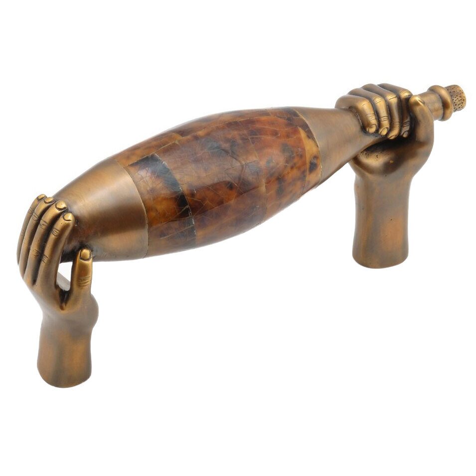 Schaub and Company Wine Bottle Pull with Hands, 3" CC in Estate Dover with Tiger Penshell