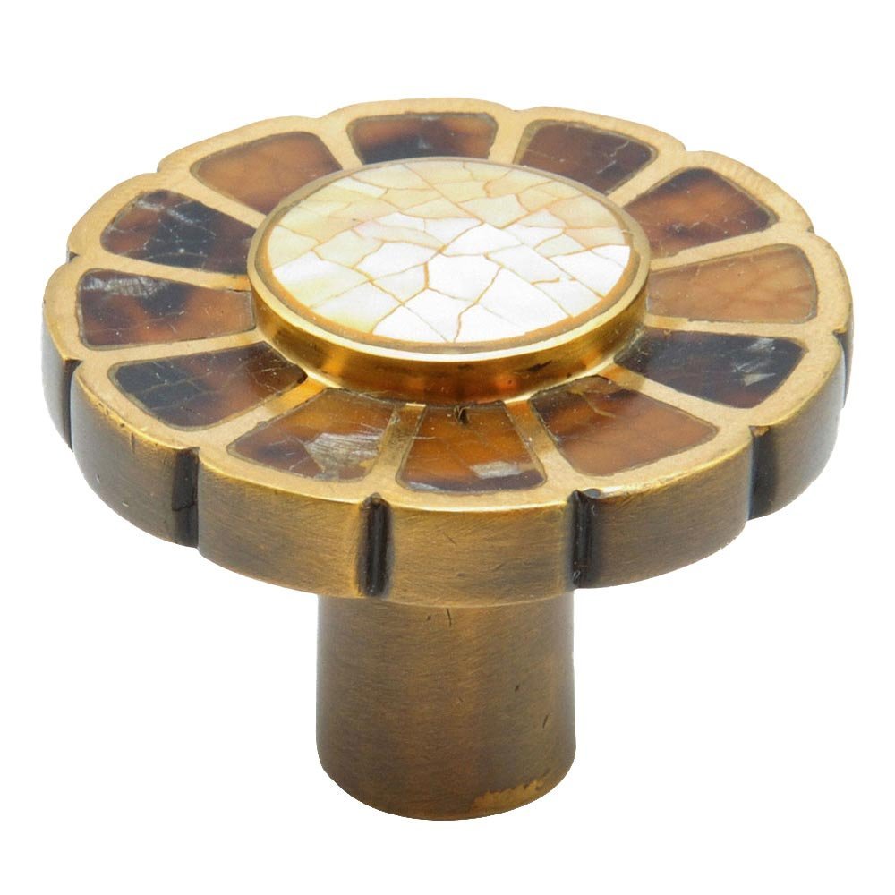 Schaub and Company Solid Brass Knob, 1 1/2" with Tiger Penshell and Yellow and White Mother of Pearl on Estate Dover Finish