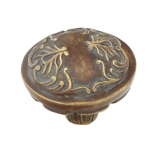 Schaub and Company Solid Brass 1 3/8" Diameter Round Knob with Scrolled Designs with Petals on Base in Monticello Brass