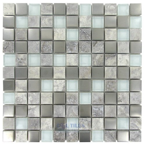 Illusion Glass Tile 1" x 1" Stone, Glass & Metal Mosaic Tile in Silver Lining