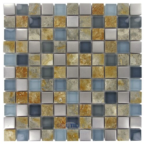 Illusion Glass Tile 1" x 1" Stone, Glass & Metal Mosaic Tile in Tropical Breeze