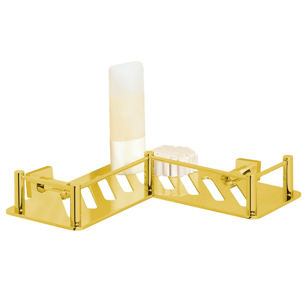 Valsan Bath L-Shaped Shower Shelf with Square Backplates in Unlacquered Brass